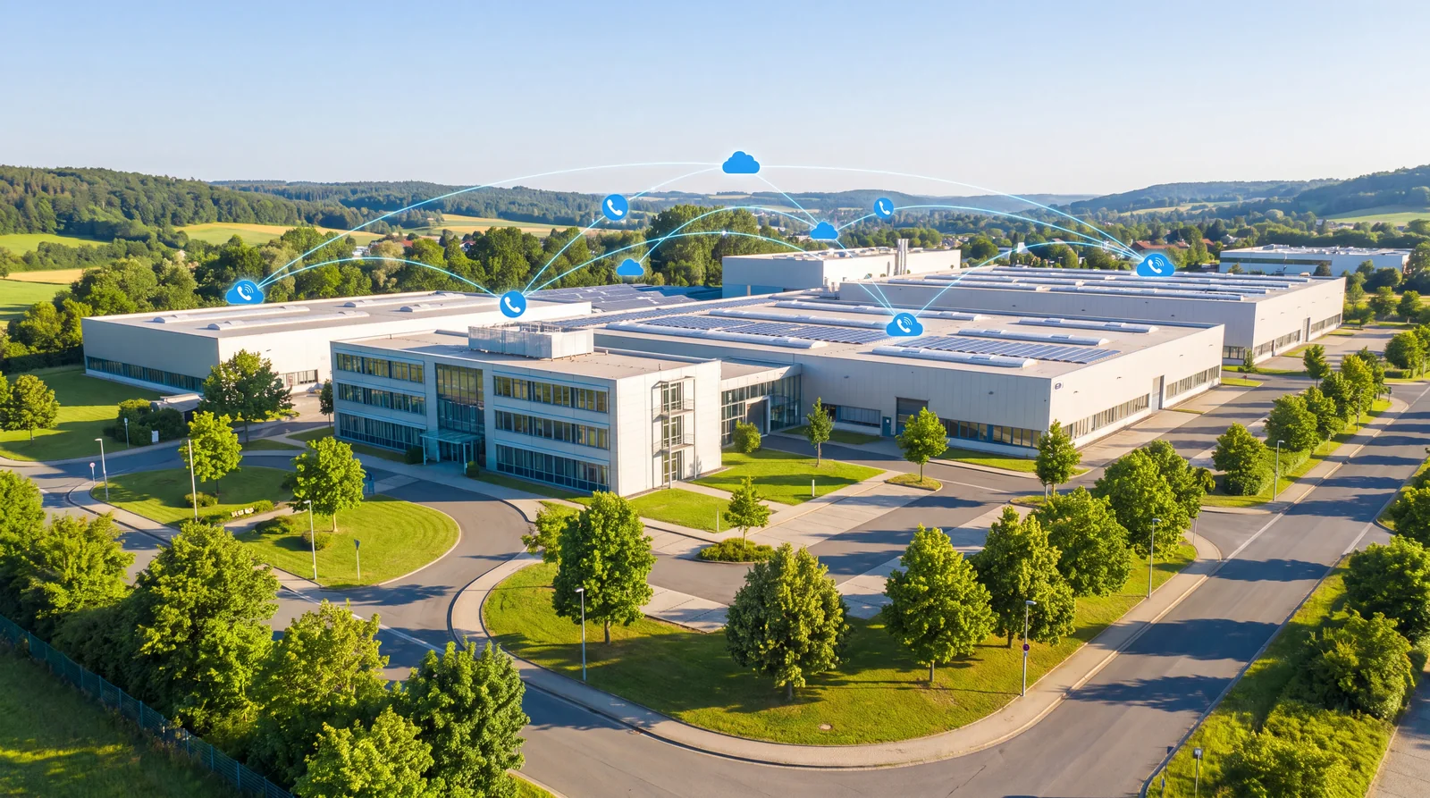 Luftaufnahme eines mittelständischen Firmengeländes an einem sonnigen Tag, Bürogebäude und Produktionshallen im Grünen, blaues Netz aus Telefon- und Cloud-Symbolen über den Gebäuden
