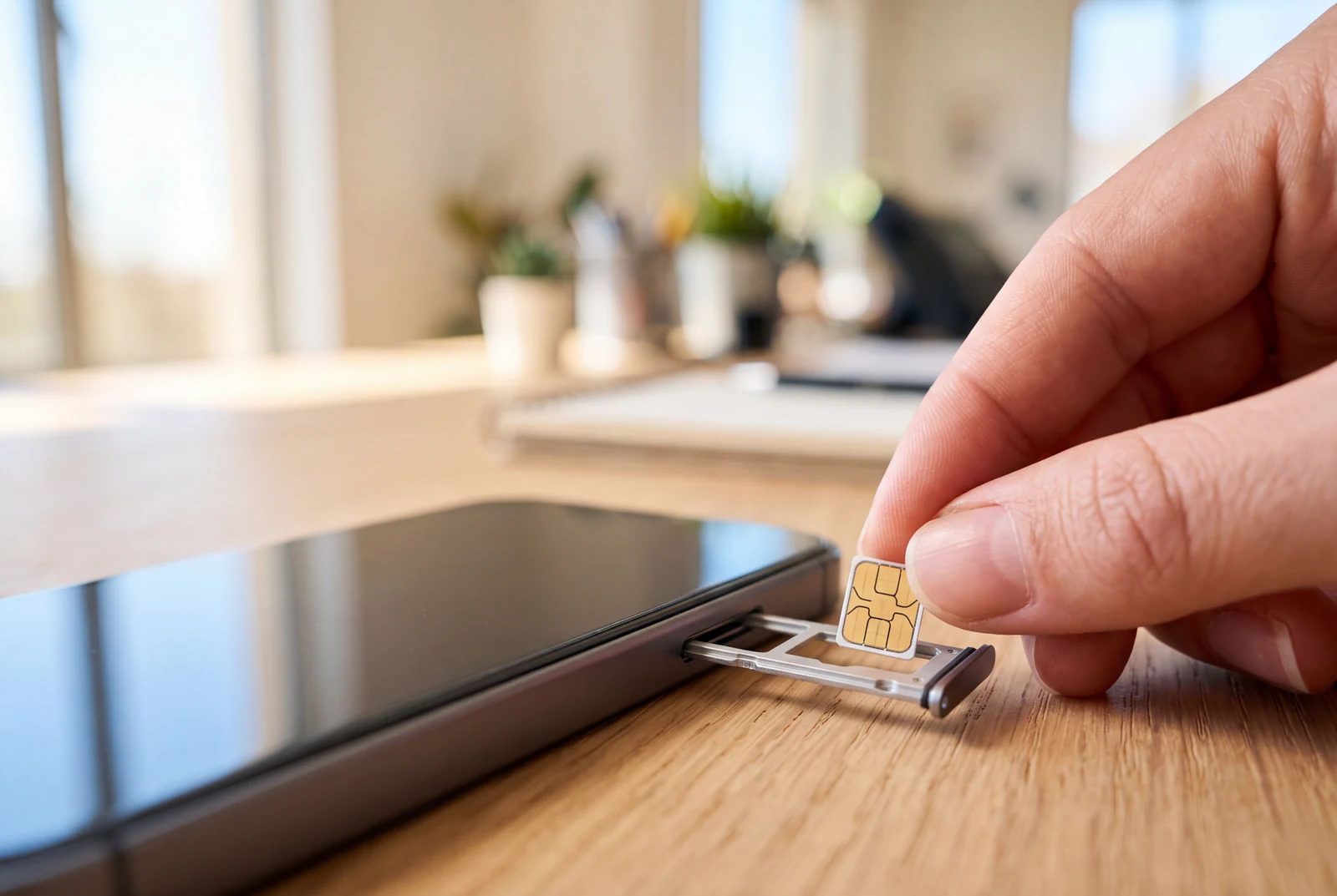 Nahaufnahme: eine SIM-Karte wird in den Kartenschlitten eines Smartphones eingelegt