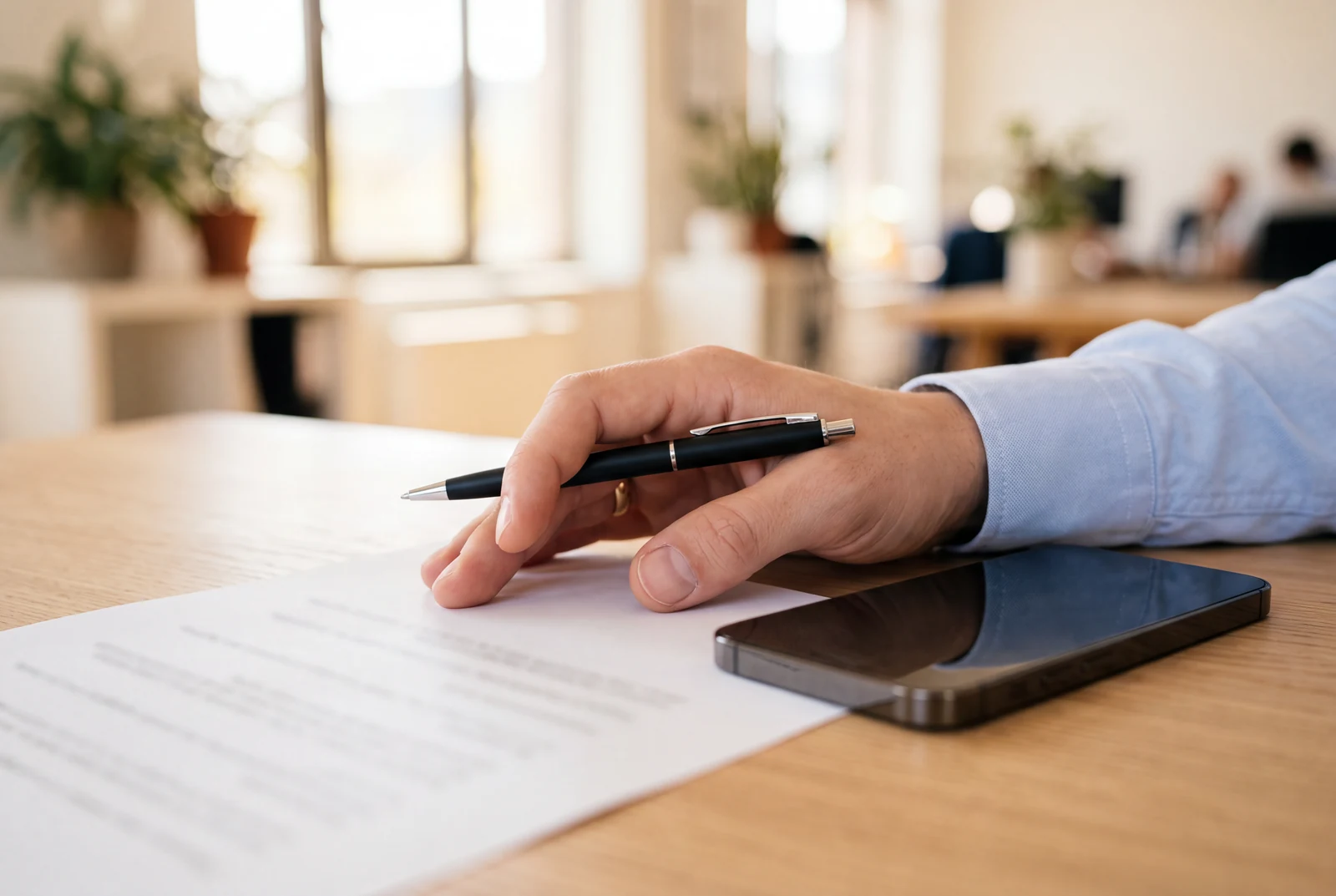 Hand mit Kugelschreiber über einem Schriftstück auf einem Schreibtisch, daneben ein Smartphone