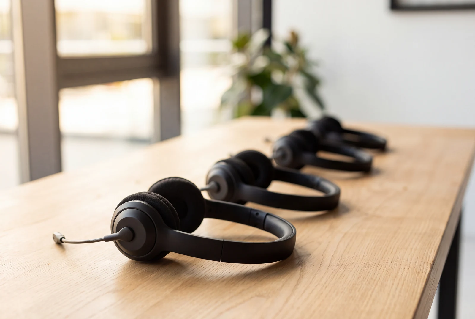 Vier gleiche Headsets stehen aufgereiht auf einem Schreibtisch, das vorderste scharf, die hinteren unscharf