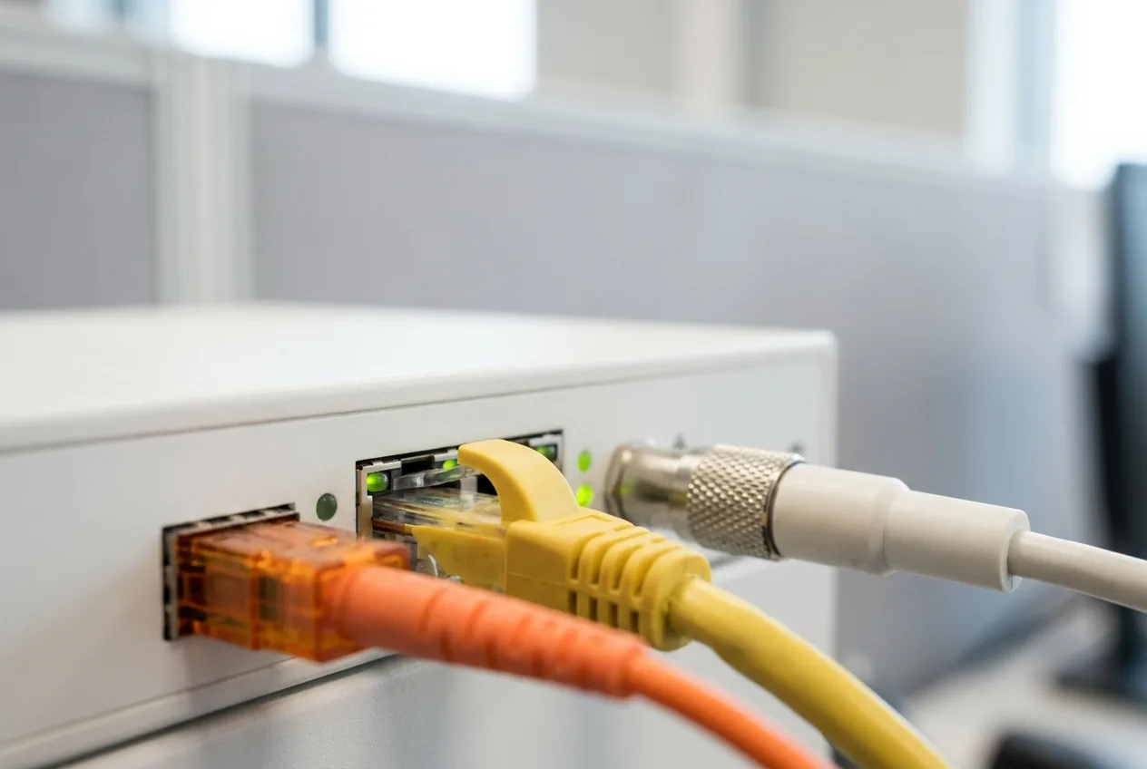 Nahaufnahme einer Anschlussreihe: orangefarbenes Glasfaserkabel, gelbes Netzwerkkabel und Antennenkabel stecken nebeneinander im selben Gerät