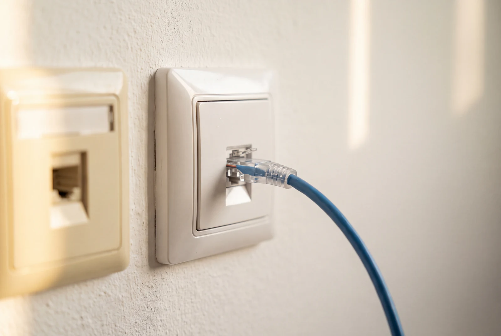 Alte, leere Telefondose neben einer neuen Netzwerkdose, in der ein blaues Netzwerkkabel steckt
