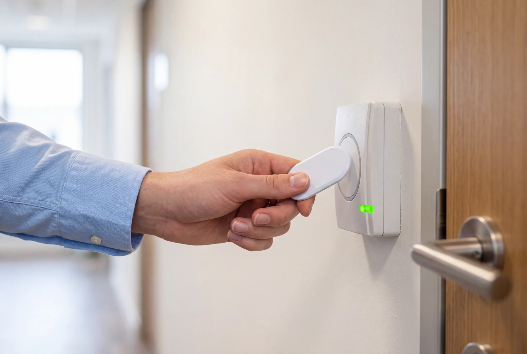 Hand hält einen Transponder an den Kartenleser neben einer verschlossenen Tür, die Freigabe leuchtet grün